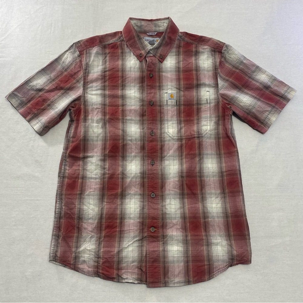 Carhartt Relaxed Fit Short Sleeve Button Up Shirt Plaid Pockets Mens Size Medium